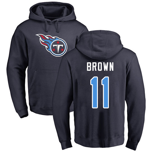Tennessee Titans Men Navy Blue A.J. Brown Name and Number Logo NFL Football 11 Pullover Hoodie Sweatshirts